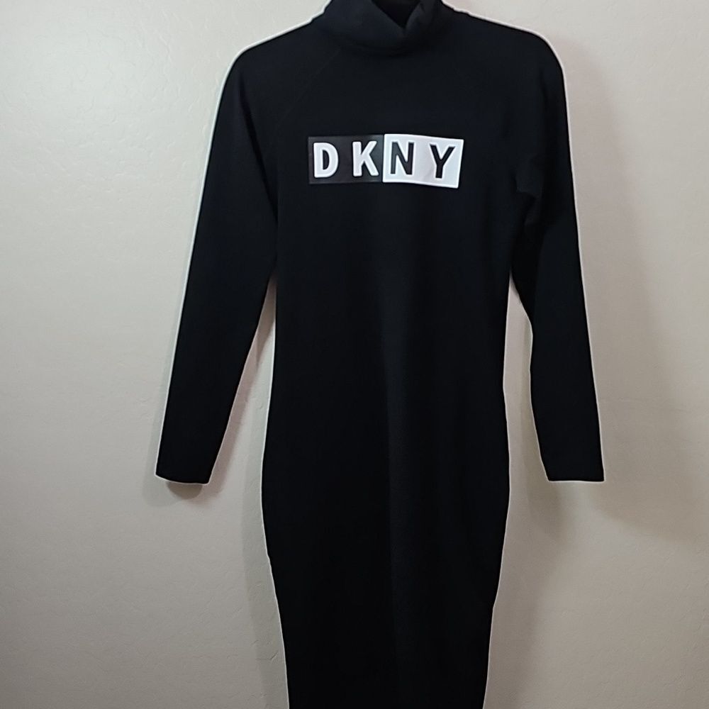 DKNY Black Long Sleeve Logo Dress stretch goth, baddie, minimalist